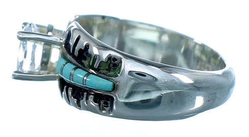 Sterling Silver Turquoise Inlay Southwestern Cubic Zirconia Ring Size 6-1/4 LX113100